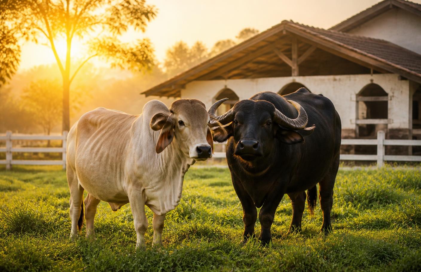 Cows grazing on a misty dairy farm at sunrise