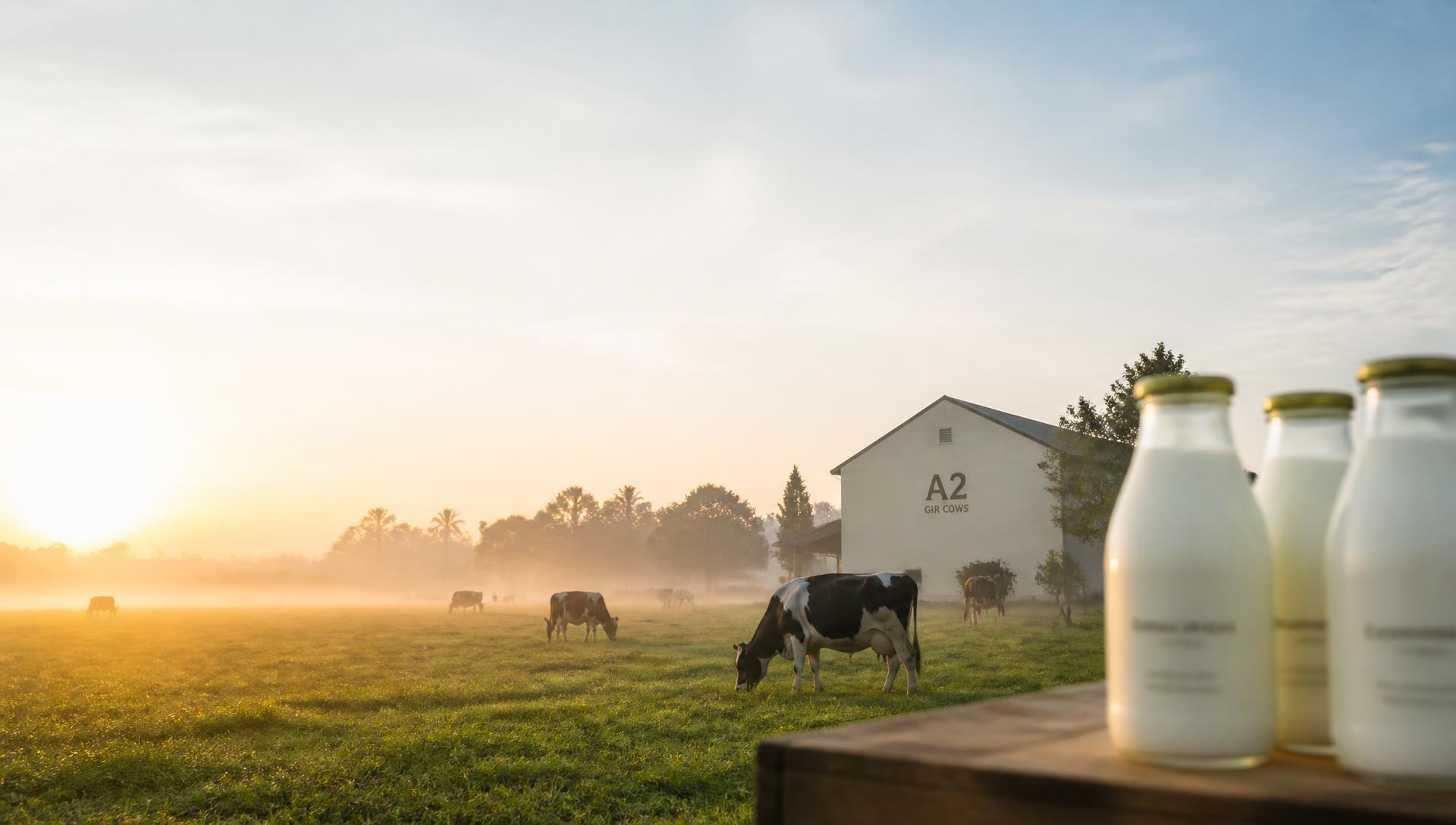 Dairy farm pasture at sunrise with soft morning fog